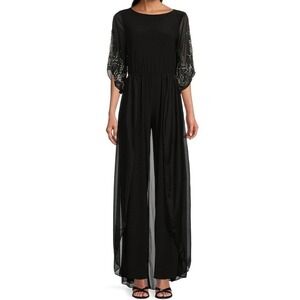 Marina Beaded Sleeve Jumpsuit Women's 14 Black Chiffon Train